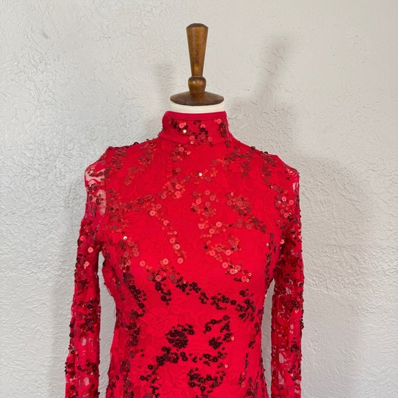 Balera Dance Costume Streak Lace Dress Adult L Red Sequin Sheer D10125 Weissman - Picture 3 of 14